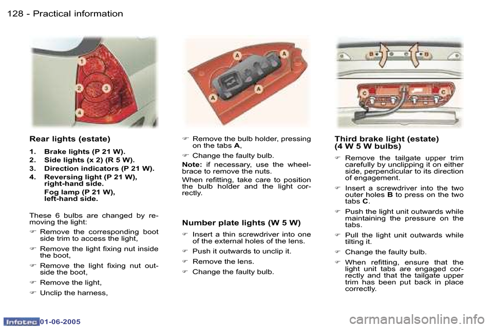 Peugeot 307 Break Dag 2005  Owners Manual �1�2�8 �-
�0�1�-�0�6�-�2�0�0�5
�1�2�9
�-
�0�1�-�0�6�-�2�0�0�5
�T�h�i�r�d� �b�r�a�k�e� �l�i�g�h�t� �(�e�s�t�a�t�e�) 
�(�4� �W� �5� �W� �b�u�l�b�s�)
�F� 
�R�e�m�o�v�e�  �t�h�e�  �t�a�i�l�g�a�t�e�  �u�p�