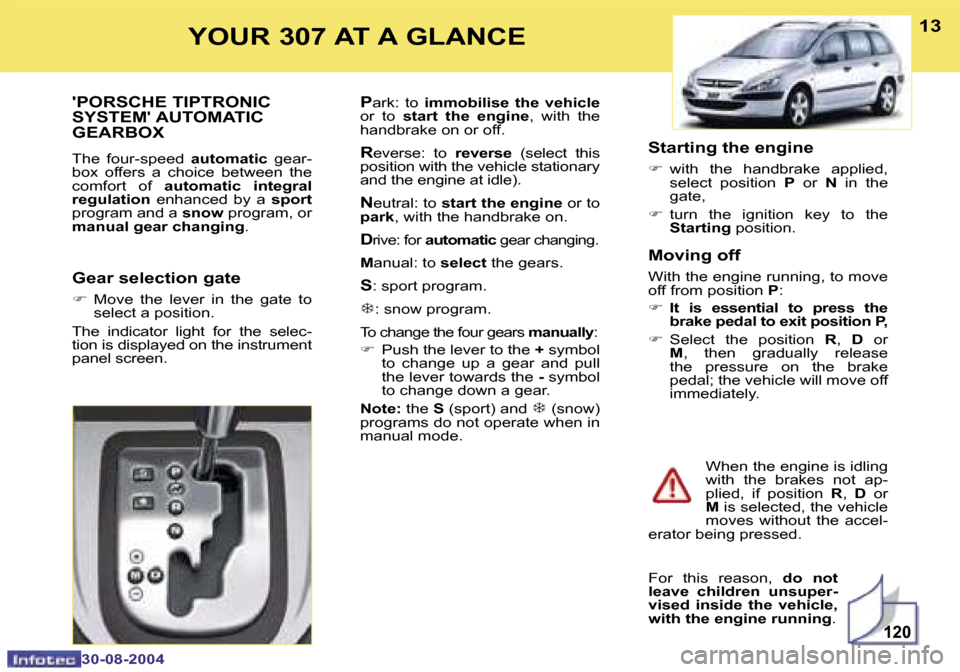 Peugeot 307 Break Dag 2004.5 User Guide �1�2�0
�1�2
�3�0�-�0�8�-�2�0�0�4
�1�3
�3�0�-�0�8�-�2�0�0�4
�Y�O�U�R� �3�0�7� �A�T� �A� �G�L�A�N�C�E
��P�O�R�S�C�H�E� �T�I�P�T�R�O�N�I�C�  
�S�Y�S�T�E�M
�� �A�U�T�O�M�A�T�I�C� 
�G�E�A�R�B�O�X 
�T�h�e