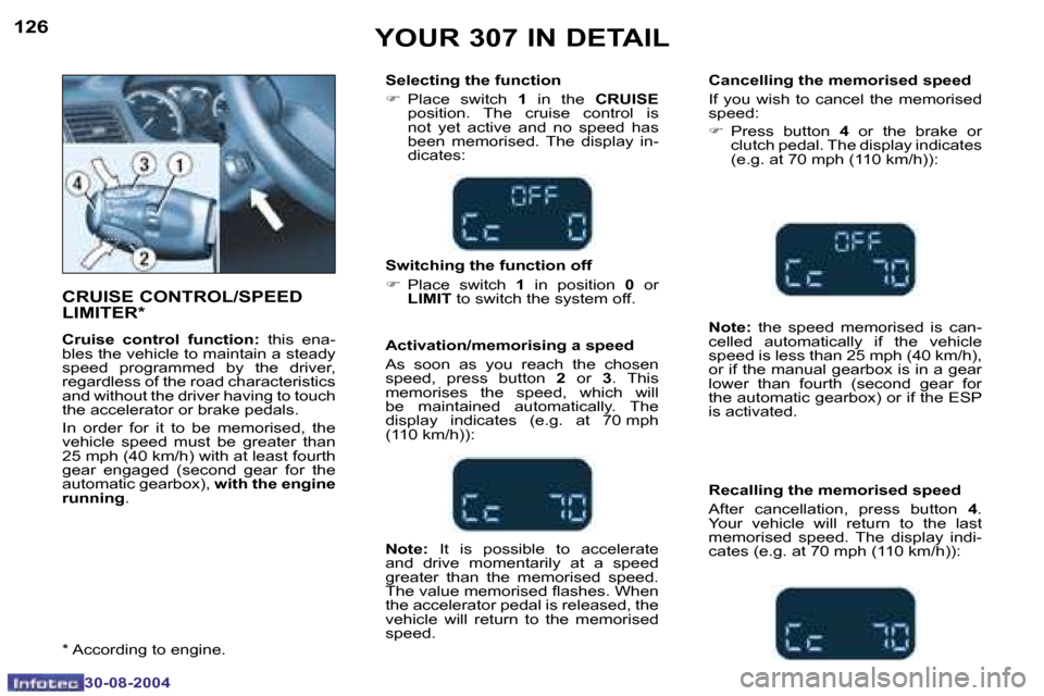 Peugeot 307 Break Dag 2004.5  Owners Manual �1�2�6
�3�0�-�0�8�-�2�0�0�4
�1�2�7
�3�0�-�0�8�-�2�0�0�4
�Y�O�U�R� �3�0�7� �I�N� �D�E�T�A�I�L
�C�R�U�I�S�E� �C�O�N�T�R�O�L�/�S�P�E�E�D�  
�L�I�M�I�T�E�R�*
�C�r�u�i�s�e�  �c�o�n�t�r�o�l�  �f�u�n�c�t�i�o