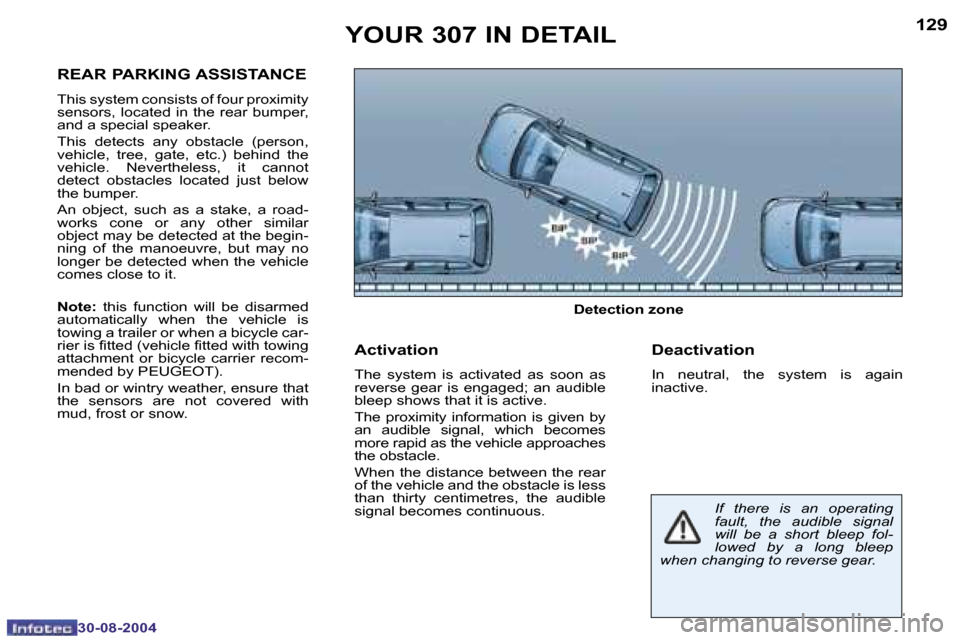 Peugeot 307 Break Dag 2004.5  Owners Manual �1�2�8
�3�0�-�0�8�-�2�0�0�4
�1�2�9
�3�0�-�0�8�-�2�0�0�4
�Y�O�U�R� �3�0�7� �I�N� �D�E�T�A�I�L
�R�E�A�R� �P�A�R�K�I�N�G� �A�S�S�I�S�T�A�N�C�E
�T�h�i�s� �s�y�s�t�e�m� �c�o�n�s�i�s�t�s� �o�f� �f�o�u�r� �p