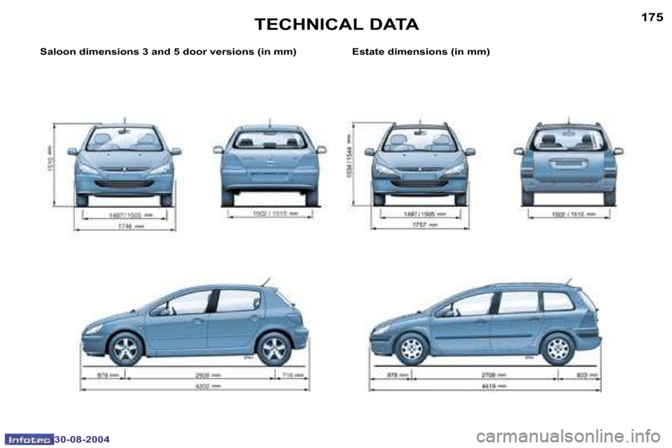 Peugeot 307 Break Dag 2004.5  Owners Manual �1�7�4
�3�0�-�0�8�-�2�0�0�4
�1�7�5
�3�0�-�0�8�-�2�0�0�4
�S�a�l�o�o�n� �d�i�m�e�n�s�i�o�n�s� �3� �a�n�d� �5� �d�o�o�r� �v�e�r�s�i�o�n�s� �(�i�n� �m�m�) �E�s�t�a�t�e� �d�i�m�e�n�s�i�o�n�s� �(�i�n� �m�m�