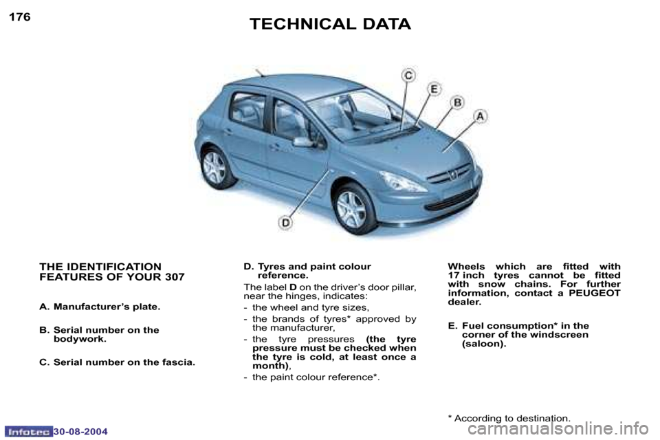 Peugeot 307 Break Dag 2004.5  Owners Manual �1�7�6
�3�0�-�0�8�-�2�0�0�4
�T�E�C�H�N�I�C�A�L� �D�A�T�A
�T�H�E� �I�D�E�N�T�I�F�I�C�A�T�I�O�N�  
�F�E�A�T�U�R�E�S� �O�F� �Y�O�U�R� �3�0�7
�A�.�  �M�a�n�u�f�a�c�t�u�r�e�r�’�s� �p�l�a�t�e�. 
�B�.�  �S