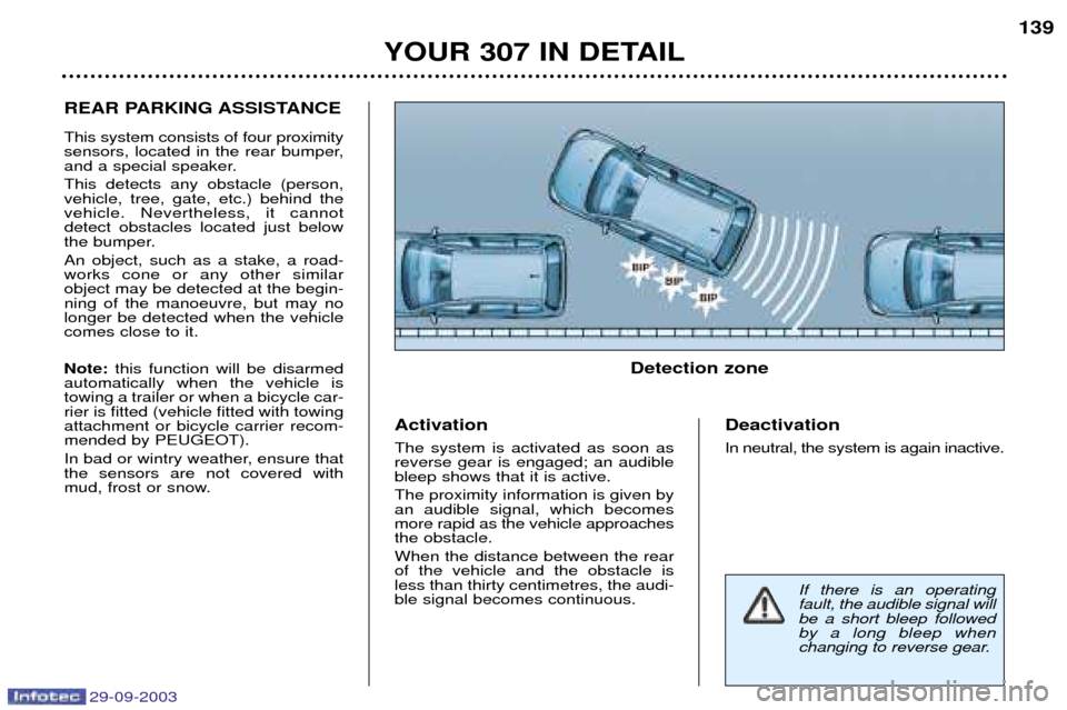 Peugeot 307 Break Dag 2003.5  Owners Manual 29-09-2003
 !"# $%D
!##7 *# "#0! This system consists of four proximity 
sensors, located in the rear bumper,
and a special speaker. This detects any obstacle (person, vehicle,