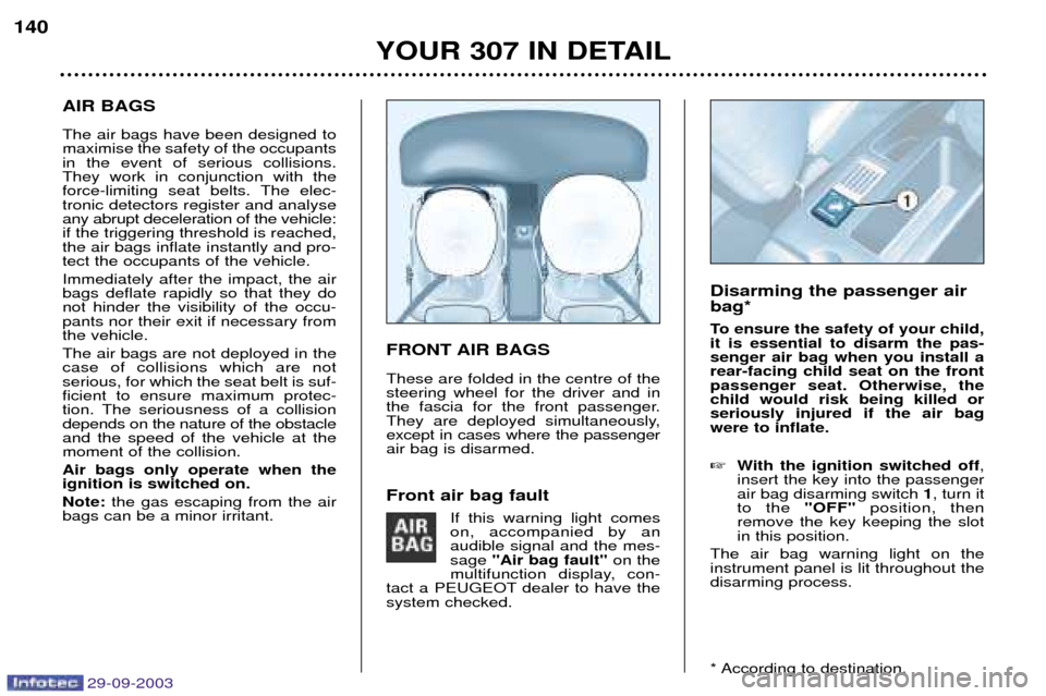 Peugeot 307 Break Dag 2003.5  Owners Manual 29-09-2003
# 2#* The air bags have been designed to maximise the safety of the occupantsin the event of serious collisions.They work in conjunction with the
force-limiting seat belts. The elec-tron