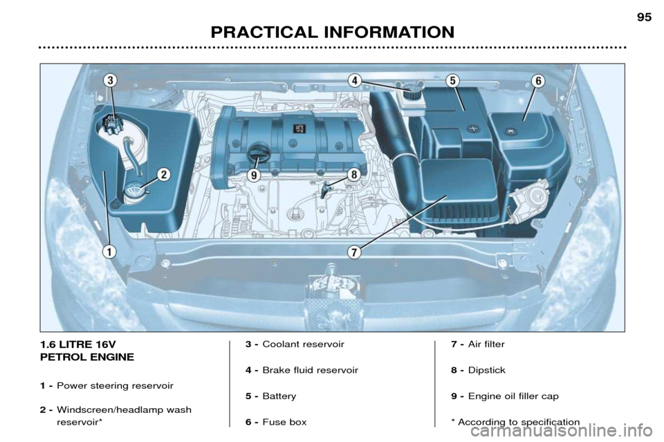 Peugeot 307 Break Dag 2002  Owners Manual PRACTICAL INFORMATION95
1.6 LITRE 16V  
PETROL ENGINE 1 -
Power steering reservoir
2 - Windscreen/headlamp wash reservoir* 3 -
Coolant reservoir
4 - Brake fluid reservoir
5 - Battery 
6 - Fuse box 7 -