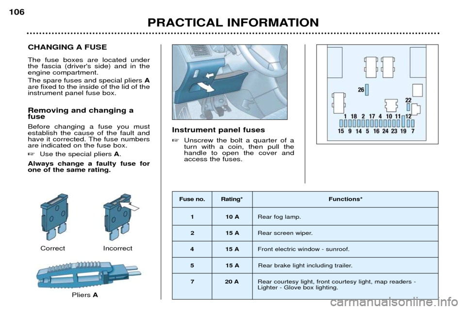 Peugeot 307 Break Dag 2002  Owners Manual CHANGING A FUSE The fuse boxes are located under the fascia (drivers side) and in theengine compartment. The spare fuses and special pliers A
are fixed to the inside of the lid of the instrument pane