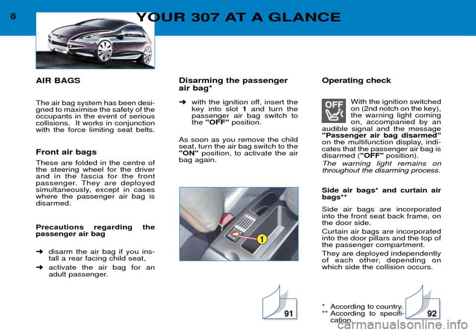 Peugeot 307 Break Dag 2002  Owners Manual Operating checkWith the ignition switched on (2nd notch on the key),the warning light comingon, accompanied by an
audible signal and the message"Passenger air bag disarmed"
on the multifunction displa