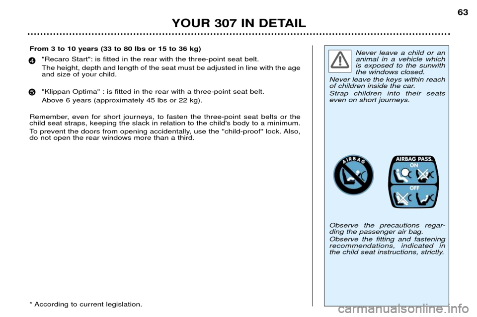 Peugeot 307 Break Dag 2002 Repair Manual Never leave a child or an animal in a vehicle whichis exposed to the sunwiththe windows closed.
Never leave the keys within reach
of children inside the car. Strap children into their seats even on sh