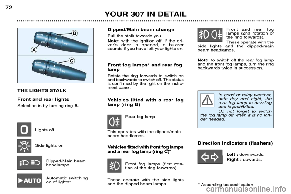 Peugeot 307 Break Dag 2002  Owners Manual Dipped/Main beam change Pull the stalk towards you. Note:with the ignition off, if the dri-
vers door is opened, a buzzer sounds if you have left your lights on. Front fog lamps* and rear fog lamp Ro