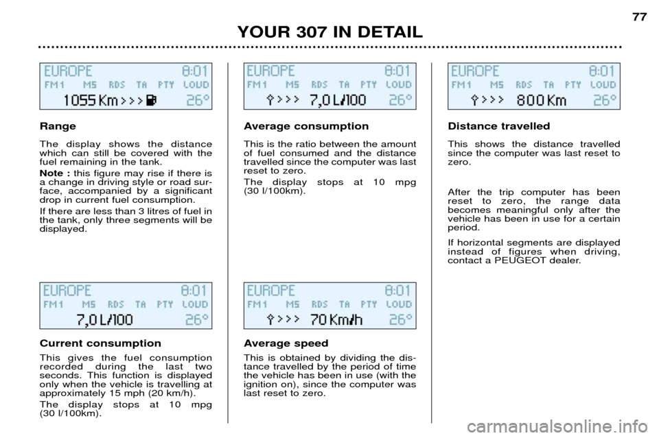 Peugeot 307 Break Dag 2002  Owners Manual Range The display shows the distance which can still be covered with thefuel remaining in the tank. Note :this figure may rise if there is
a change in driving style or road sur- face, accompanied by a