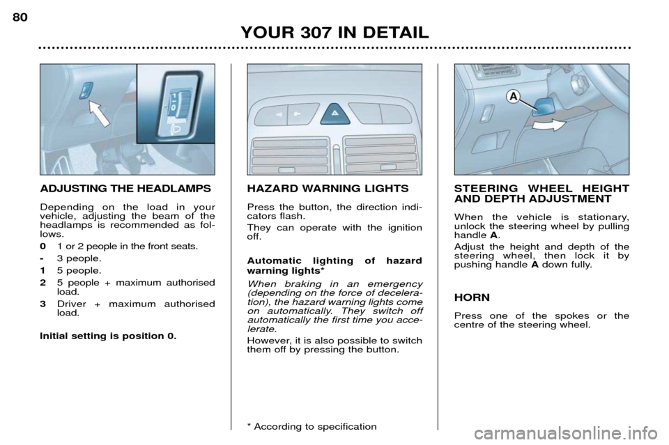 Peugeot 307 Break Dag 2002  Owners Manual ADJUSTING THE HEADLAMPS Depending on the load in your vehicle, adjusting the beam of theheadlamps is recommended as fol-lows. 0 1 or 2 people in the front seats.
- 3 people.
1 5 people.
2 5 people + m