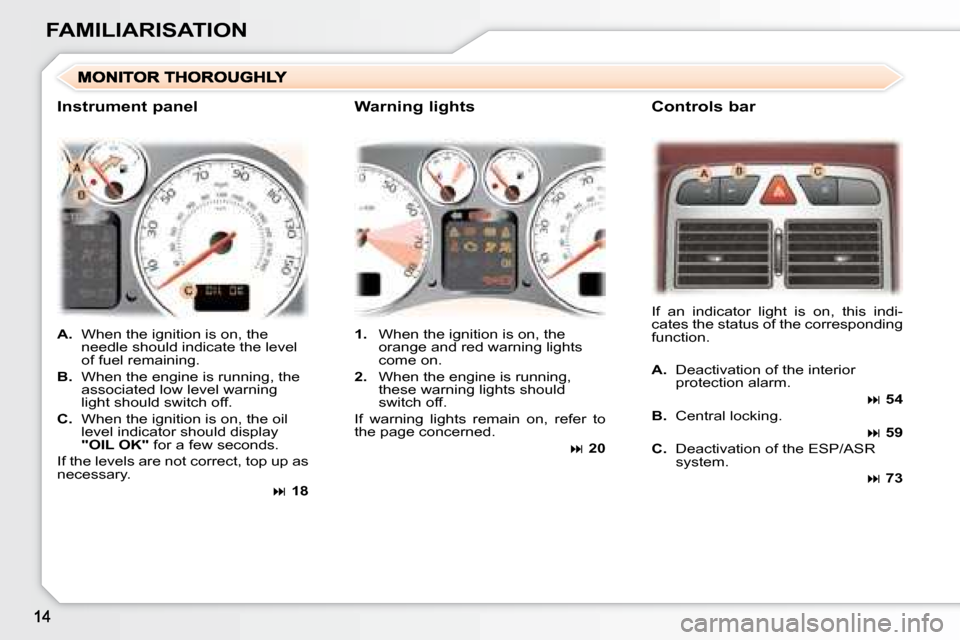 Peugeot 307 CC 2007.5  Owners Manual FAMILIARISATION
   
A. � �  �W�h�e�n� �t�h�e� �i�g�n�i�t�i�o�n� �i�s� �o�n�,� �t�h�e� 
needle should indicate the level  
of fuel remaining. 
  
B. � �  �W�h�e�n� �t�h�e� �e�n�g�i�n�e� �i�s� �r�u�n�n�