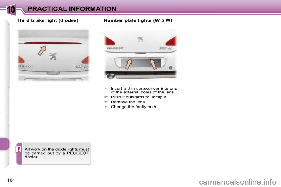 Peugeot 307 CC 2007.5  Owners Manual 10
!
104
PRACTICAL INFORMATION
   
� � �  �I�n�s�e�r�t� �a� �t�h�i�n� �s�c�r�e�w�d�r�i�v�e�r� �i�n�t�o� �o�n�e� 
of the external holes of the lens. 
  
� � �  �P�u�s�h� �i�t� �o�u�t�w�a�r�d�s� �