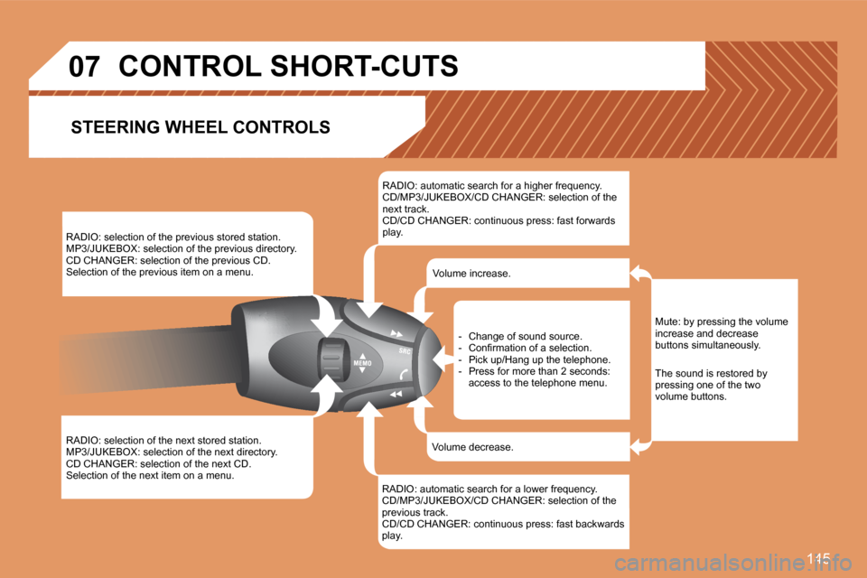 Peugeot 307 CC 2007.5 Owners Manual 145
07
RADIO: selection of the previous stored station.
MP3/JUKEBOX: selection of the previous directory.
CD CHANGER: selection of the previous CD.
Selection of the previous item on a menu.
RADIO: s Peugeot 307 CC 2007.5 Owners Manual 145
07
RADIO: selection of the previous stored station.
MP3/JUKEBOX: selection of the previous directory.
CD CHANGER: selection of the previous CD.
Selection of the previous item on a menu.
RADIO: s