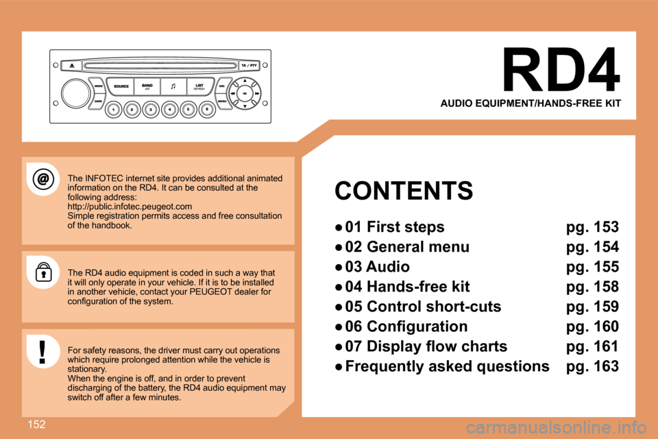 Peugeot 307 CC 2007.5  Owners Manual 152
RD4
�A�U�D�I�O�	�E�Q�U�I�P�M�E�N�T�/�H�A�N�D�S�-�F�R�E�E�	�K�I�T
CONTENTS 