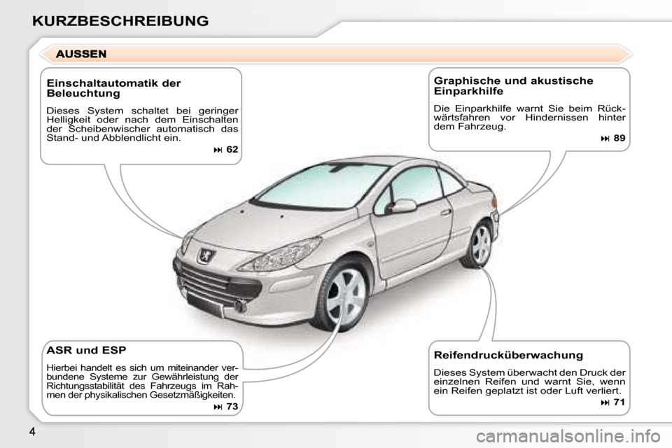 Peugeot 307 CC 2007.5  Betriebsanleitung (in German) KURZBESCHREIBUNG
  Einschaltautomatik der  
Beleuchtung  
 Dieses  System  schaltet  bei  geringer  
Helligkeit  oder  nach  dem  Einschalten 
der  Scheibenwischer  automatisch  das 
Stand- und Abblen