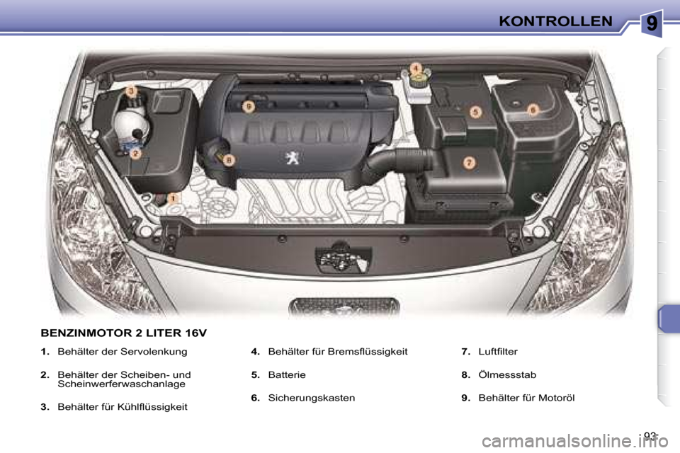 Peugeot 307 CC 2007.5  Betriebsanleitung (in German) 93
KONTROLLEN
   
1.    Behälter der Servolenkung 
  
2.    Behälter der Scheiben- und 
Scheinwerferwaschanlage 
  
3.   �B�e�h�ä�l�t�e�r� �f�ü�r� �K�ü�h�l�l� �ü�s�s�i�g�k�e�i�t    
4.   �B�e�h�