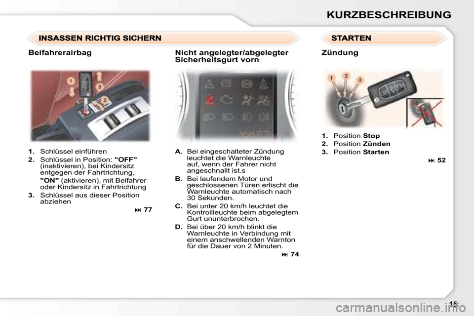 Peugeot 307 CC 2007.5  Betriebsanleitung (in German) KURZBESCHREIBUNG
   
1.    Schlüssel einführen 
  
2.    Schlüssel in Position:   "OFF"  
(inaktivieren), bei Kindersitz  
entgegen der Fahrtrichtung,  
    "ON"   (aktivieren), mit Beifahrer 
oder