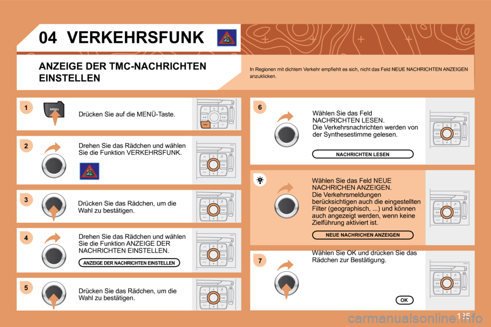 Peugeot 307 CC 2007.5  Betriebsanleitung (in German) 135
ESCLIST
MENU
MENU1
ESC
MENU LIST
2
3 
4 6
5
ESC
MENU LIST
ESC
MENU LIST
7
ESC
MENU LIST
ESC
MENU LIST
ESC
MENU LIST
ESC
MENU LIST
04
Drücken Sie auf die MENÜ-Taste.
NACHRICHTEN LESEN
NEUE NACHRI