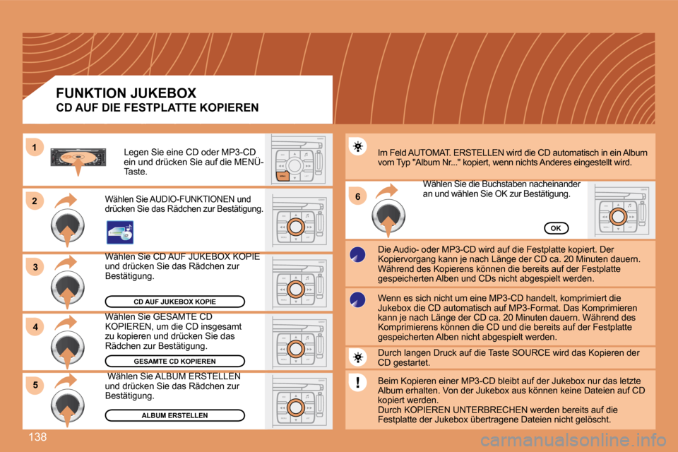 Peugeot 307 CC 2007.5  Betriebsanleitung (in German) 138
23
S
O SSOURCE
MODE BAND ESC
2
abc
5
jkl
8
tuv 3
def
6
mno
9
wxyz
1 4
ghi
7
pqrs0 # MENU LIST
TA 
PTY
DARKESC
LIST
MENU
ESC
MENU LIST
6
ESC
MENU LIST
ESC
MENU LIST
ESC
MENU LIST
4
ESC
MENU LIST
5
