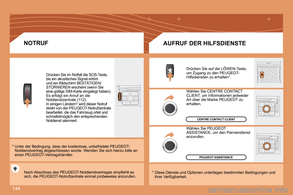 Peugeot 307 CC 2007.5  Betriebsanleitung (in German) 144
S
O
SS
O SSOURCE
MODE BAND TPT
A  Y
DARK
2
abc
5
jkl
8
tuv 3
def
6
mno
9
wxyz
1 4
ghi
r
7
pq s
0 #
ESC
MENU LIST
ESC
MENU LIST
NOTRUF
Drücken Sie im Notfall die SOS-Taste,  
bis ein akustisches S