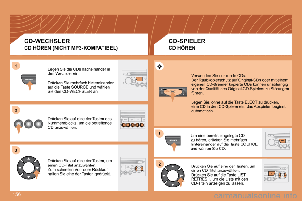 Peugeot 307 CC 2007.5  Betriebsanleitung (in German) 156
1 
2 
3
12
Legen Sie die CDs nacheinander in  
den Wechsler ein.  
Drücken Sie mehrfach hintereinander  
auf die Taste SOURCE und wählen 
Sie den CD-WECHSLER an. 
Drücken Sie auf eine der Taste