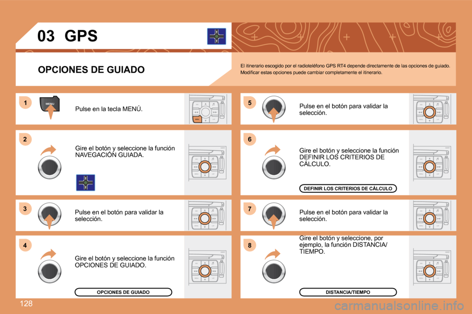 Peugeot 307 CC 2007.5  Manual del propietario (in Spanish) 128
ESCLIST
MENU
ESC
MENU LIST
ESC
MENU LIST
ESC
MENU LIST
ESC
MENU LIST
MENU1
2 
3 
4 5
6 
7 
8
ESC
MENU LIST
ESC
MENU LIST
ESC
MENU LIST
03
OPCIONES DE GUIADO GPS
El itinerario escogido por el radio