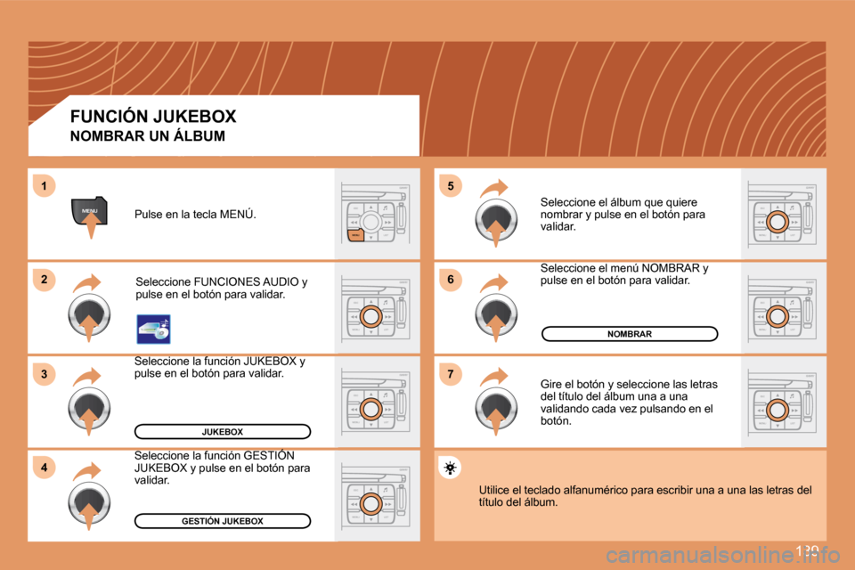 Peugeot 307 CC 2007.5  Manual del propietario (in Spanish) 139
ESC
MENU LIST
ESC
MENU LIST
6 
7
5
ESC
LIST
MENU
MENU
ESC
MENU LIST
2 
3
4
1
ESC
MENU LIST
ESC
MENU LIST
ESC
MENU LIST
ESC
MENU LIST
JUKEBOX
NOMBRAR
GESTIÓN JUKEBOX
NOMBRAR UN ÁLBUM 
Pulse en la