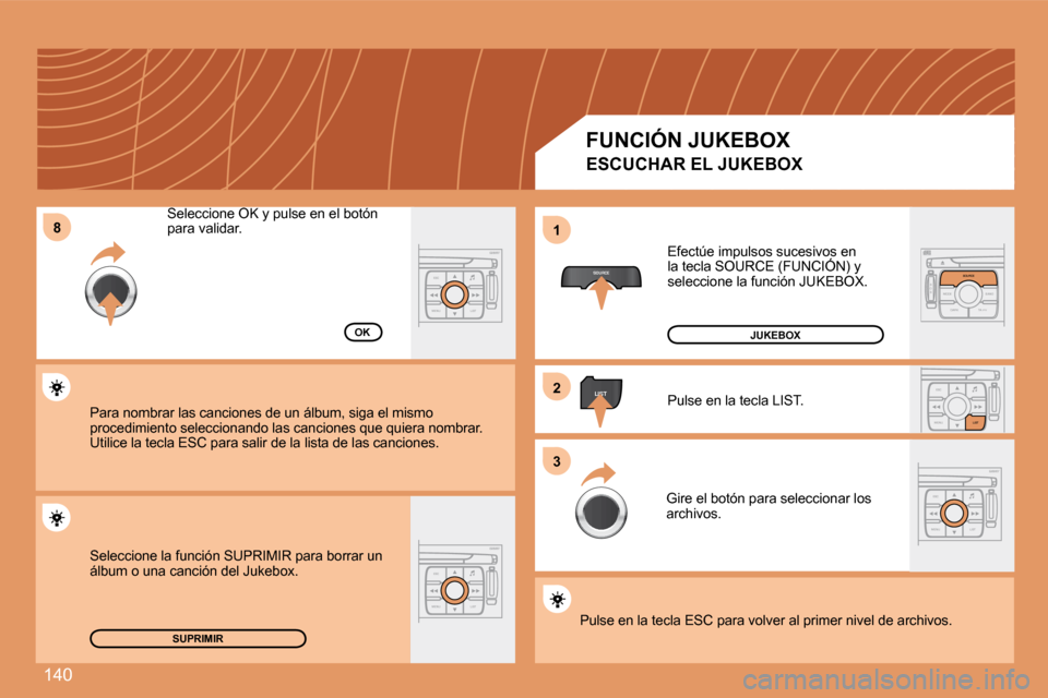 Peugeot 307 CC 2007.5  Manual del propietario (in Spanish) 140
8
SOURCE
2
ESC
MENU LIST
LIST
ESC
MENU LIST
S
O S SOURCE
MODE BAND TPT
A  Y
DARKSOURCE
ESC
MENU LIST
LIST
ESC
MENU LIST
1
3
SUPRIMIR
OK Efectúe impulsos sucesivos en  
la tecla SOURCE (FUNCIÓN) 