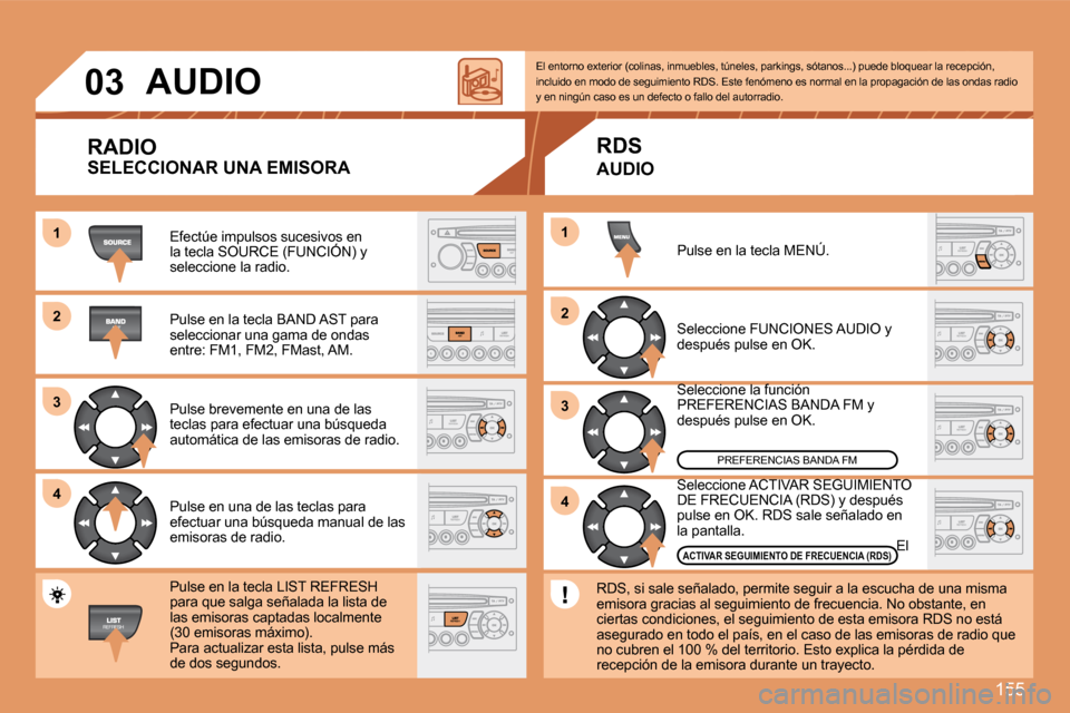 Peugeot 307 CC 2007.5  Manual del propietario (in Spanish) 155
1 
2 
3 
4
2 
4
3
1
03
AUDIO
RADIO
Efectúe impulsos sucesivos en  
la tecla SOURCE (FUNCIÓN) y 
seleccione la radio. 
Pulse en la tecla BAND AST para  
seleccionar una gama de ondas 
entre: FM1,