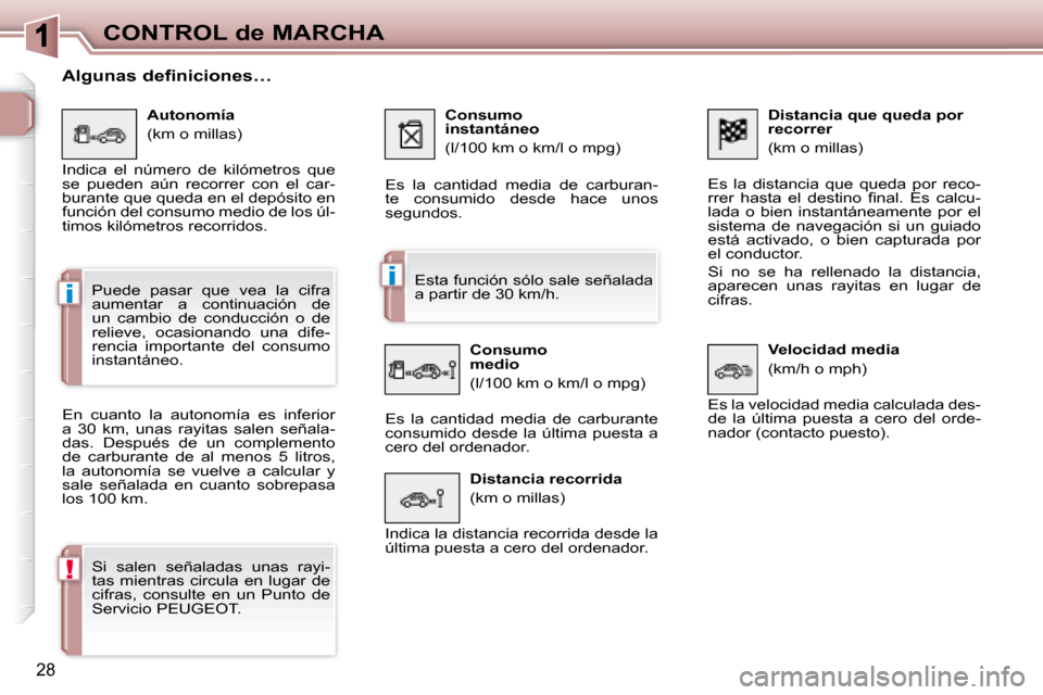 Peugeot 307 CC 2007.5  Manual del propietario (in Spanish) i
i
!
28
CONTROL de MARCHA  Distancia que queda por  
recorrer  
 (km o millas) 
Es  la  distancia  que  queda  por  reco- 
�r�r�e�r�  �h�a�s�t�a�  �e�l�  �d�e�s�t�i�n�o�  �i� �n�a�l�.�  �E�s�  �c�a�l