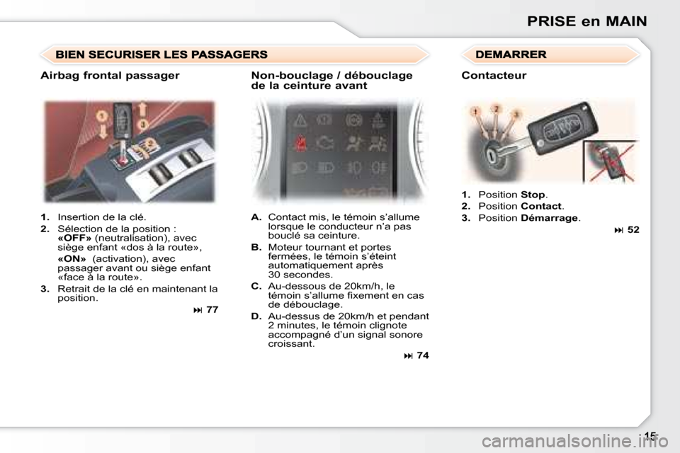 Peugeot 307 CC 2007.5 Manuel du propriétaire (in French) PRISE en MAIN
1. Insertion de la clé.
2. Sélection de la position :
«OFF» (neutralisation), avec
siège enfant «dos à la route»,
«ON» (activation), avec
passager Peugeot 307 CC 2007.5 Manuel du propriétaire (in French) PRISE en MAIN
1. Insertion de la clé.
2. Sélection de la position :
«OFF» (neutralisation), avec
siège enfant «dos à la route»,
«ON» (activation), avec
passager