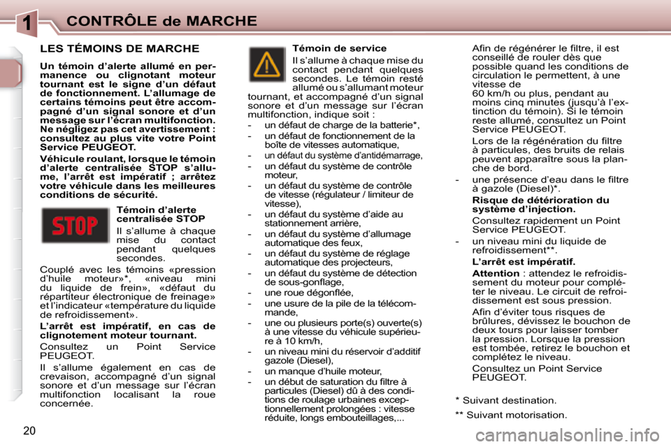 Peugeot 307 CC 2007.5 Manuel du propriétaire (in French) 20
CONTRÔLE de MARCHE
LES TÉMOINS DE MARCHE
Un témoin d’alerte allumé en per-
manence ou clignotant moteur
tournant est le signe d’un défaut
de fonctionnement. L’alluma Peugeot 307 CC 2007.5 Manuel du propriétaire (in French) 20
CONTRÔLE de MARCHE
LES TÉMOINS DE MARCHE
Un témoin d’alerte allumé en per-
manence ou clignotant moteur
tournant est le signe d’un défaut
de fonctionnement. L’alluma