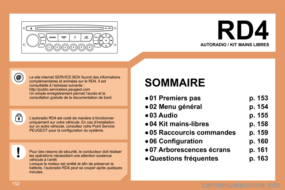 Peugeot 307 CC 2007.5  Manuel du propriétaire (in French) 152
RD4
AUTORADIO / KIT MAINS LIBRES
SOMMAIRE 