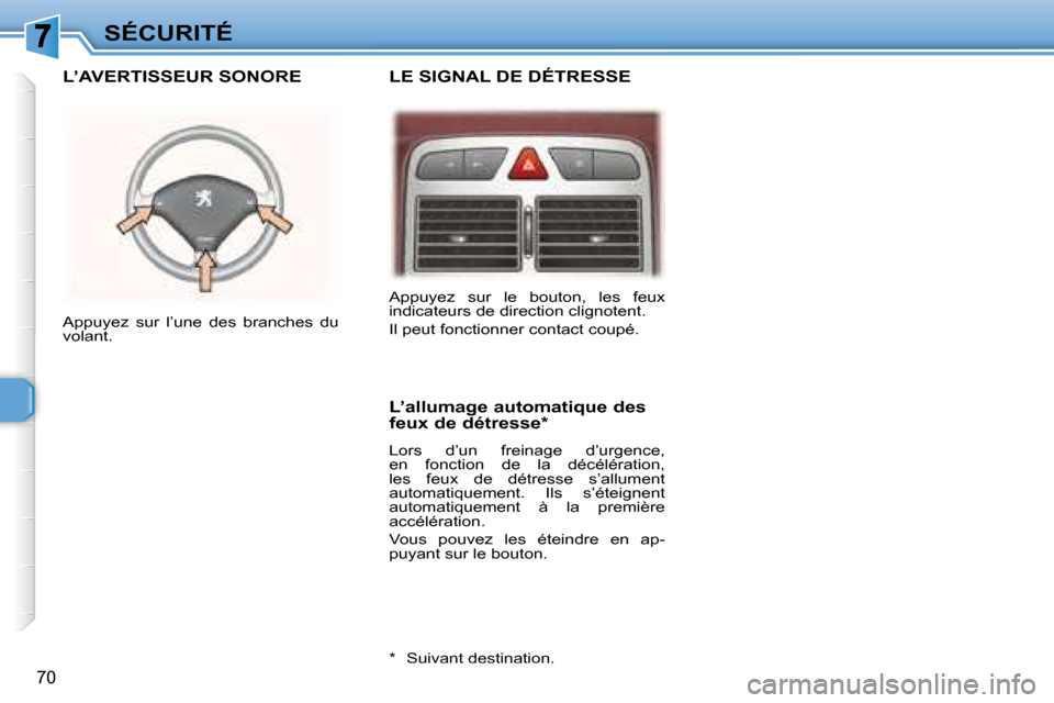Peugeot 307 CC 2007.5 Manuel du propriétaire (in French) 70
SÉCURITÉ
LE SIGNAL DE DÉTRESSE L’AVERTISSEUR SONORE
L’allumage automatique des
feux de détresse *
Lors d’un freinage d’urgence,
en fonction de la décélération,
Peugeot 307 CC 2007.5 Manuel du propriétaire (in French) 70
SÉCURITÉ
LE SIGNAL DE DÉTRESSE L’AVERTISSEUR SONORE
L’allumage automatique des
feux de détresse *
Lors d’un freinage d’urgence,
en fonction de la décélération,