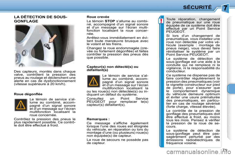 Peugeot 307 CC 2007.5 Manuel du propriétaire (in French) !
71
SÉCURITÉ
Des capteurs, montés dans chaque
valve, contrôlent la pression des
pneus au roulage et déclenchent une
alerte en cas de dysfonctionnement
(vitesse supérieure à 2 Peugeot 307 CC 2007.5 Manuel du propriétaire (in French) !
71
SÉCURITÉ
Des capteurs, montés dans chaque
valve, contrôlent la pression des
pneus au roulage et déclenchent une
alerte en cas de dysfonctionnement
(vitesse supérieure à 2
