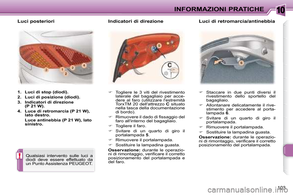 Peugeot 307 CC 2007.5  Manuale del proprietario (in Italian) 10
!
103
INFORMAZIONI PRATICHE   
�    Staccare  in  due  punti  diversi  il 
rivestimento  dello  sportello  del  
bagagliaio. 
  
�    Allontanare  delicatamente  il  rive-
stimento  per  acce