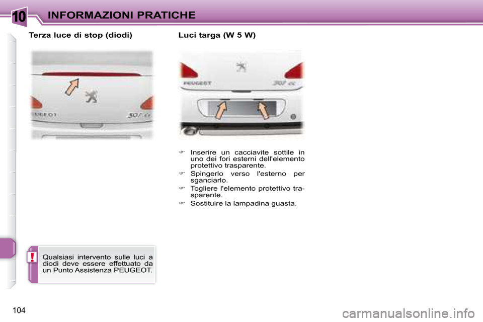 Peugeot 307 CC 2007.5  Manuale del proprietario (in Italian) 10
!
104
INFORMAZIONI PRATICHE   
�    Inserire  un  cacciavite  sottile  in 
uno  dei  fori  esterni  dellelemento  
protettivo trasparente. 
  
�    Spingerlo  verso  lesterno  per 
sganciar
