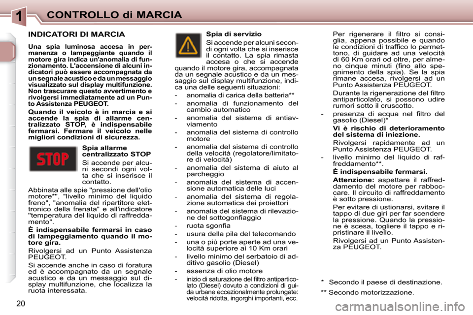 Peugeot 307 CC 2007.5  Manuale del proprietario (in Italian) 20
CONTROLLO di MARCIA
 INDICATORI DI MARCIA 
  
Una  spia  luminosa  accesa  in  per- 
manenza  o  lampeggiante  quando  il 
motore gira indica unanomalia di fun-
zionamento. Laccensione di alcuni 