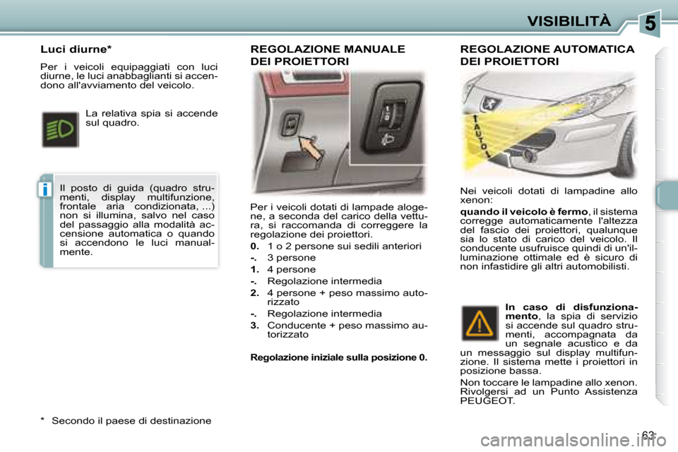 Peugeot 307 CC 2007.5  Manuale del proprietario (in Italian) i
63
VISIBILITÀ
 Per i veicoli dotati di lampade aloge- 
ne, a seconda del carico della vettu-
ra,  si  raccomanda  di  correggere  la 
regolazione dei proiettori.  
  
0.    1 o 2 persone sui sedili