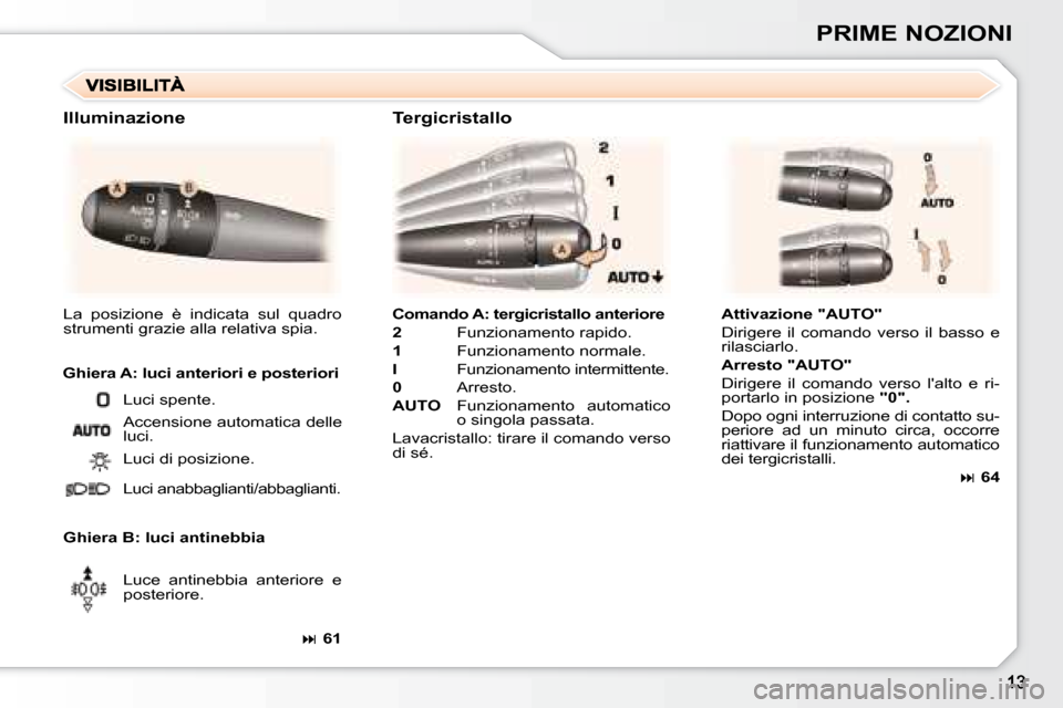 Peugeot 307 CC 2007.5  Manuale del proprietario (in Italian) PRIME NOZIONI
  
Comando A: tergicristallo anteriore   
  
2      Funzionamento rapido. 
  
1      Funzionamento normale. 
  
I      Funzionamento intermittente. 
  
0      Arresto. 
  
AUTO      Funz