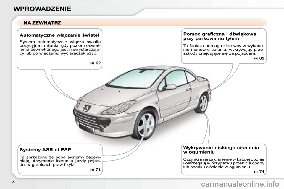 Peugeot 307 CC 2007.5  Instrukcja Obsługi (in Polish) WPROWADZENIE
� � �A�u�t�o�m�a�t�y�c�z�n�e� �w�ł"�c�z�a�n�i�e� ;�w�i�a�t�e�ł�  
� �S�y�s�t�e�m�  �a�u�t�o�m�a�t�y�c�z�n�i�e�  �w�ł"�c�z�a�  ;�w�i�a�t�ł�a�  
�p�o�z�y�c�y�j�n�e� �i� �m�i�j�a�n�i