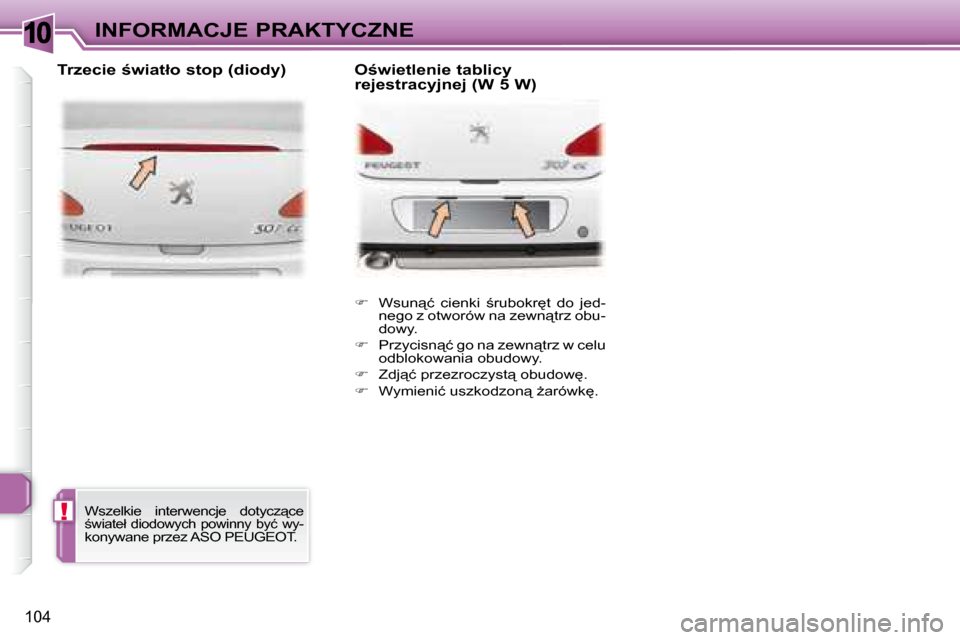 Peugeot 307 CC 2007.5  Instrukcja Obsługi (in Polish) 10
!
104
INFORMACJE PRAKTYCZNE   
� � �  �W�s�u�n"�ć�  �c�i�e�n�k�i�  ;�r�u�b�o�k�r
�t�  �d�o�  �j�e�d�-
�n�e�g�o� �z� �o�t�w�o�r�ó�w� �n�a� �z�e�w�n"�t�r�z� �o�b�u�- 
�d�o�w�y�.� 
  
� � 