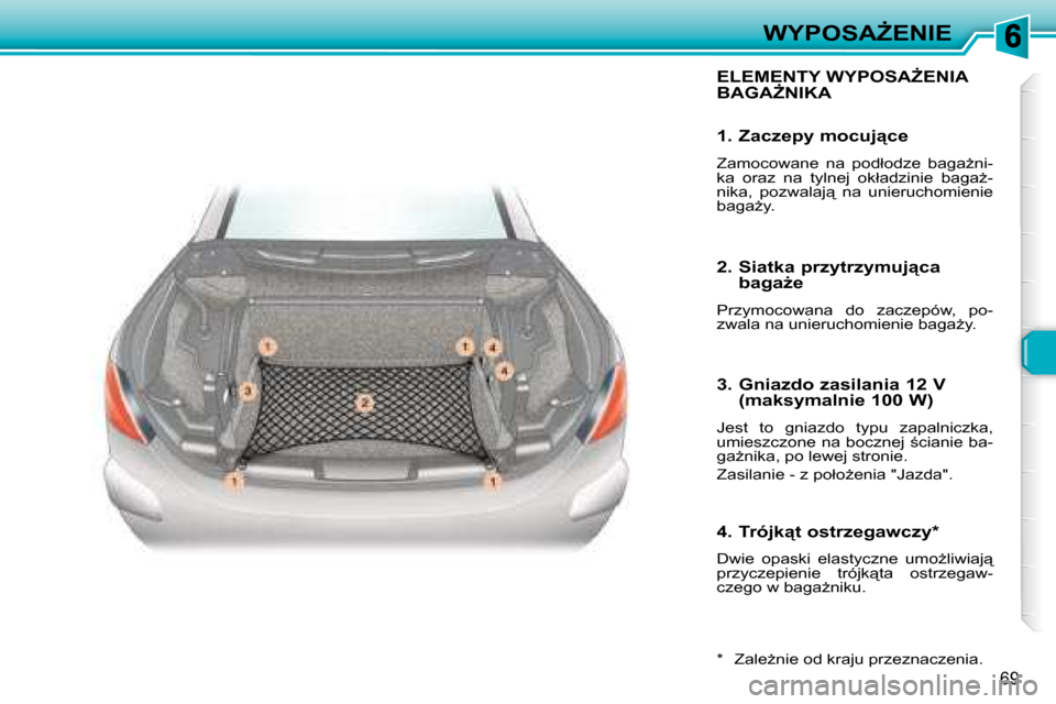Peugeot 307 CC 2007.5  Instrukcja Obsługi (in Polish) 69
�W�Y�P�O�S�AF�E�N�I�E
� �E�L�E�M�E�N�T�Y� �W�Y�P�O�S�AF�E�N�I�A� �B�A�G�AF�N�I�K�A� 
� � �*� � �  �Z�a�l�eG�n�i�e� �o�d� �k�r�a�j�u� �p�r�z�e�z�n�a�c�z�e�n�i�a�.� � 
� � �1�.� �Z�a�c�z�e�p�y� �