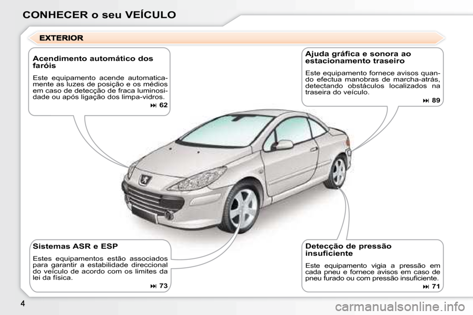 Peugeot 307 CC 2007.5  Manual do proprietário (in Portuguese) CONHECER o seu VEÍCULO
  Acendimento automático dos  
faróis  
 Este  equipamento  acende  automatica- 
mente as luzes de posição e os médios 
em caso de detecção de fraca luminosi-
dade ou ap