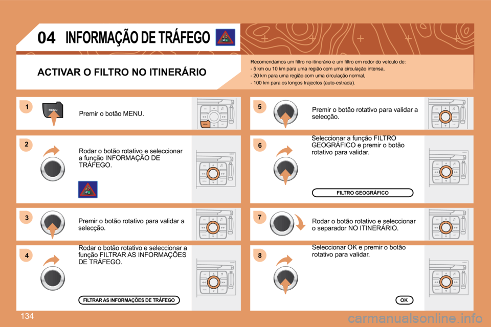 Peugeot 307 CC 2007.5  Manual do proprietário (in Portuguese) 134
ESCLIST
MENU
MENU1
ESC
MENU LIST
2
3
ESC
MENU LIST
4
5
ESC
MENU LIST
6
7
ESC
MENU LIST
8
ESC
MENU LISTESC
MENU LIST
ESC
MENU LIST
04 
ACTIVAR O FILTRO NO ITINERÁRIO �R�e�c�o�m�e�n�d�a�m�o�s� �u�m