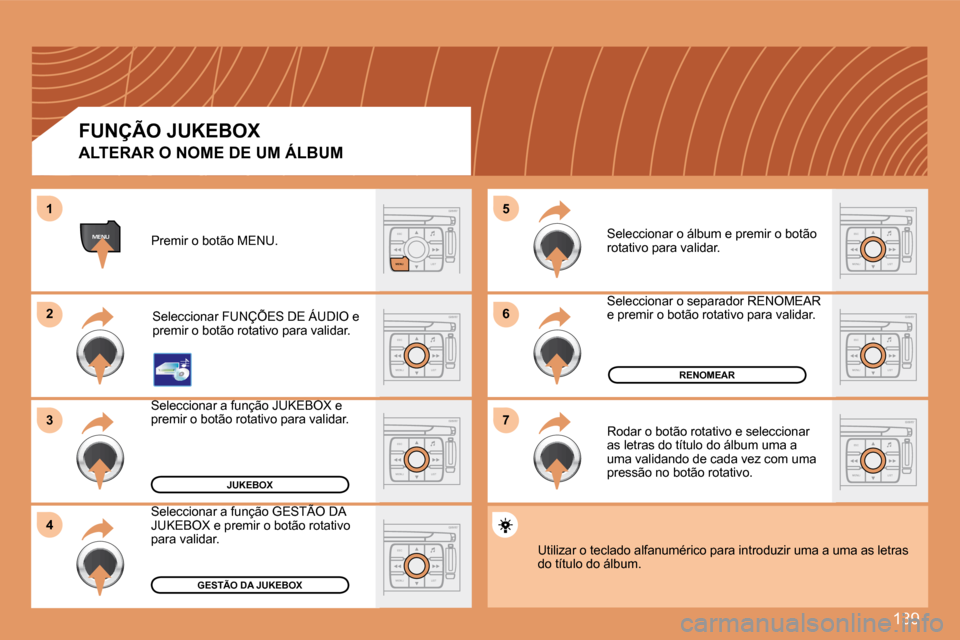 Peugeot 307 CC 2007.5  Manual do proprietário (in Portuguese) 139
ESC
MENU LIST
ESC
MENU LIST
6 
7
5
ESC
LIST
MENU
MENU
ESC
MENU LIST
2 
3
4
1
ESC
MENU LIST
ESC
MENU LIST
ESC
MENU LIST
ESC
MENU LIST
JUKEBOX
RENOMEAR
GESTÃO DA JUKEBOX
ALTERAR O NOME DE UM ÁLBUM