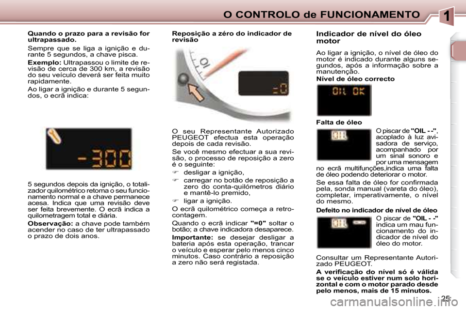 Peugeot 307 CC 2007.5 Manual do proprietário (in Portuguese) 25
O CONTROLO de FUNCIONAMENTO
O seu Representante Autorizado
PEUGEOT efectua esta operação
depois de cada revisão.
Se você mesmo efectuar a sua revi-
são, o processo de reposição Peugeot 307 CC 2007.5 Manual do proprietário (in Portuguese) 25
O CONTROLO de FUNCIONAMENTO
O seu Representante Autorizado
PEUGEOT efectua esta operação
depois de cada revisão.
Se você mesmo efectuar a sua revi-
são, o processo de reposição