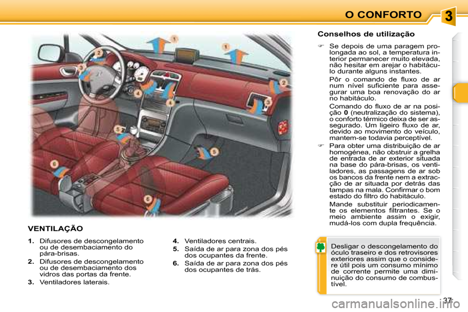 Peugeot 307 CC 2007.5  Manual do proprietário (in Portuguese) 37
O CONFORTO
   
1.    Difusores de descongelamento 
ou de desembaciamento do  
pára-brisas. 
  
2.    Difusores de descongelamento 
ou de desembaciamento dos 
vidros das portas da frente. 
  
3.   