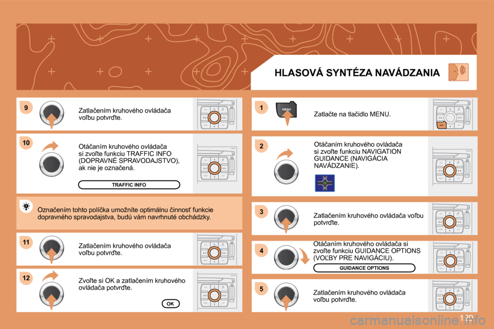 Peugeot 307 CC 2007.5  Užívateľská príručka (in Slovak) 129
ESC
MENU LISTESC
MENU LIST
MENU9
10
11
12 1 
2 
3 
4
5ESC LIST
MENU
ESC
MENU LISTESC
MENU LIST
ESC
MENU LIST
ESC
MENU LISTESC
MENU LIST
ESC
MENU LIST
�O�t�á�č�a�n�í�m� �k�r�u�h�o�v�é�h�o� �o�v